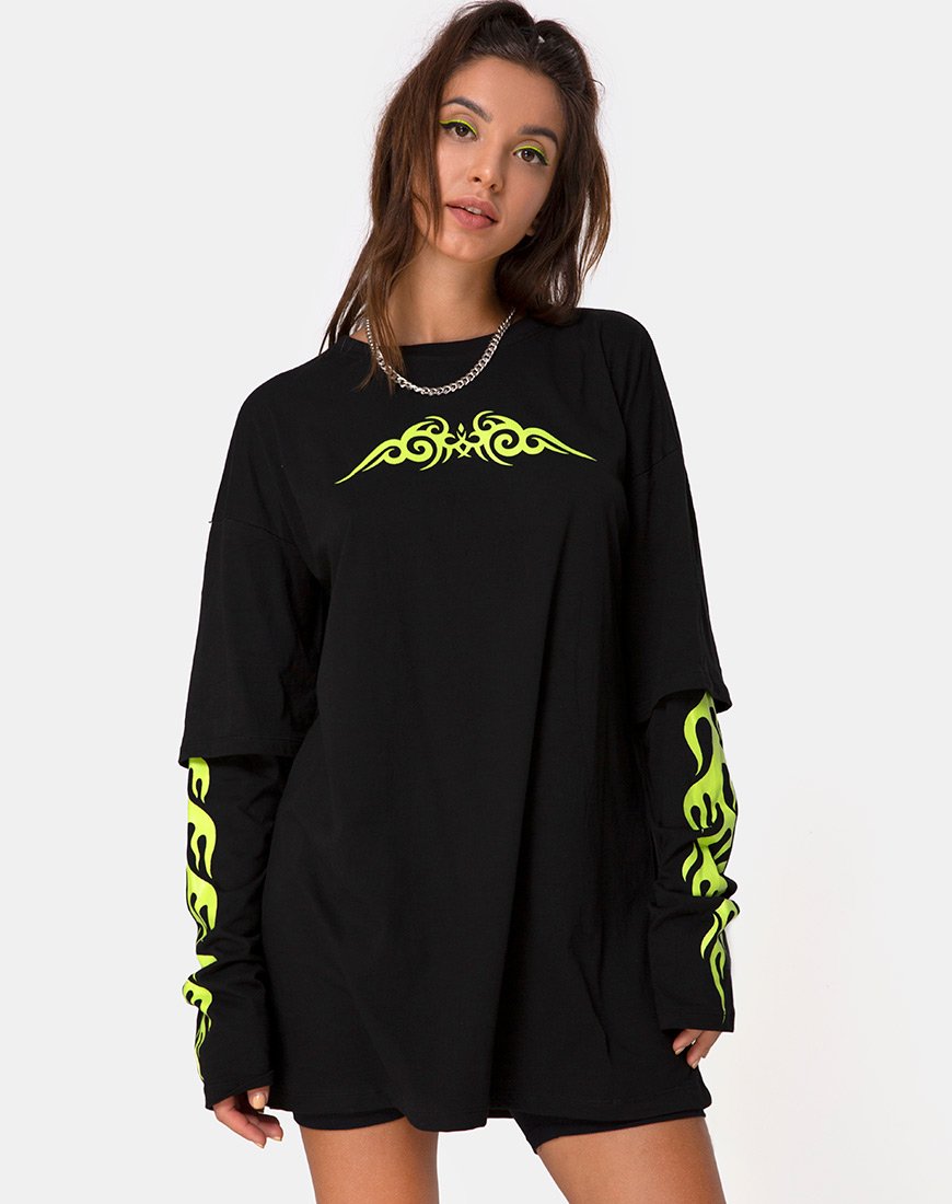 Sashie-trui jurk in zwart met groene tribal