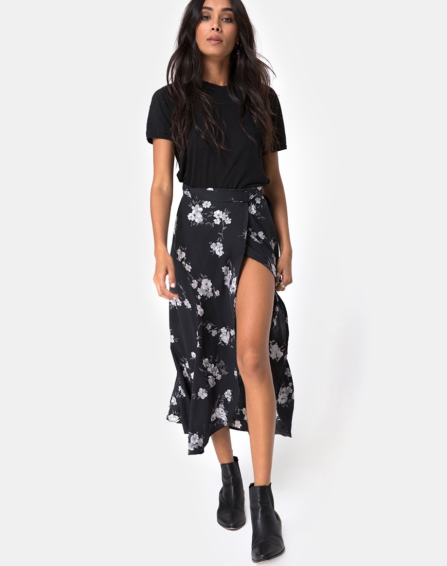 Satha Midi rok in monobloem zwart