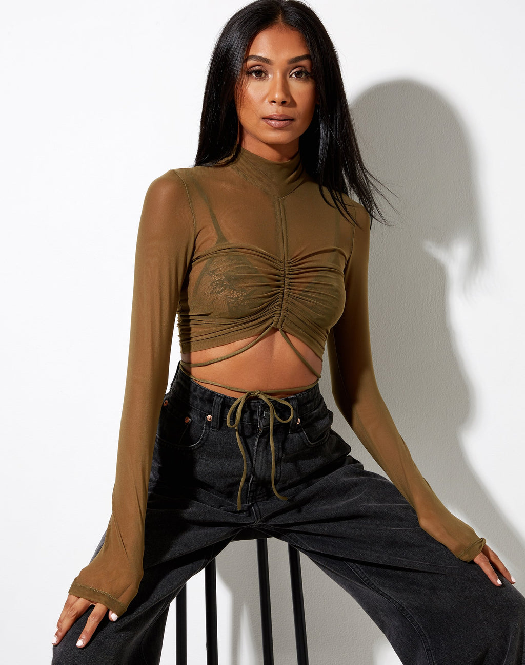 Sauja Gewatteerde Top in Mesh Khaki Groen