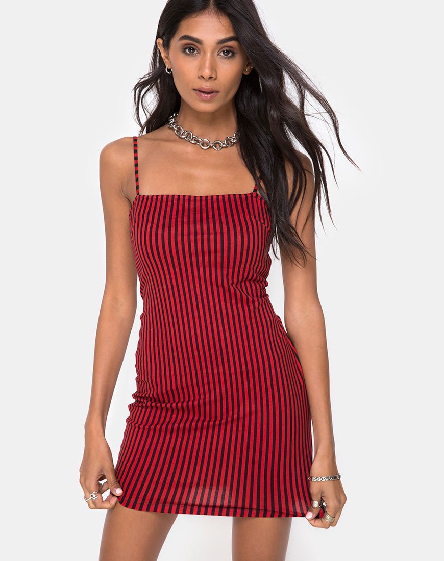 Selah Bodycon Jurk in Mini Streep Rood en Zwart