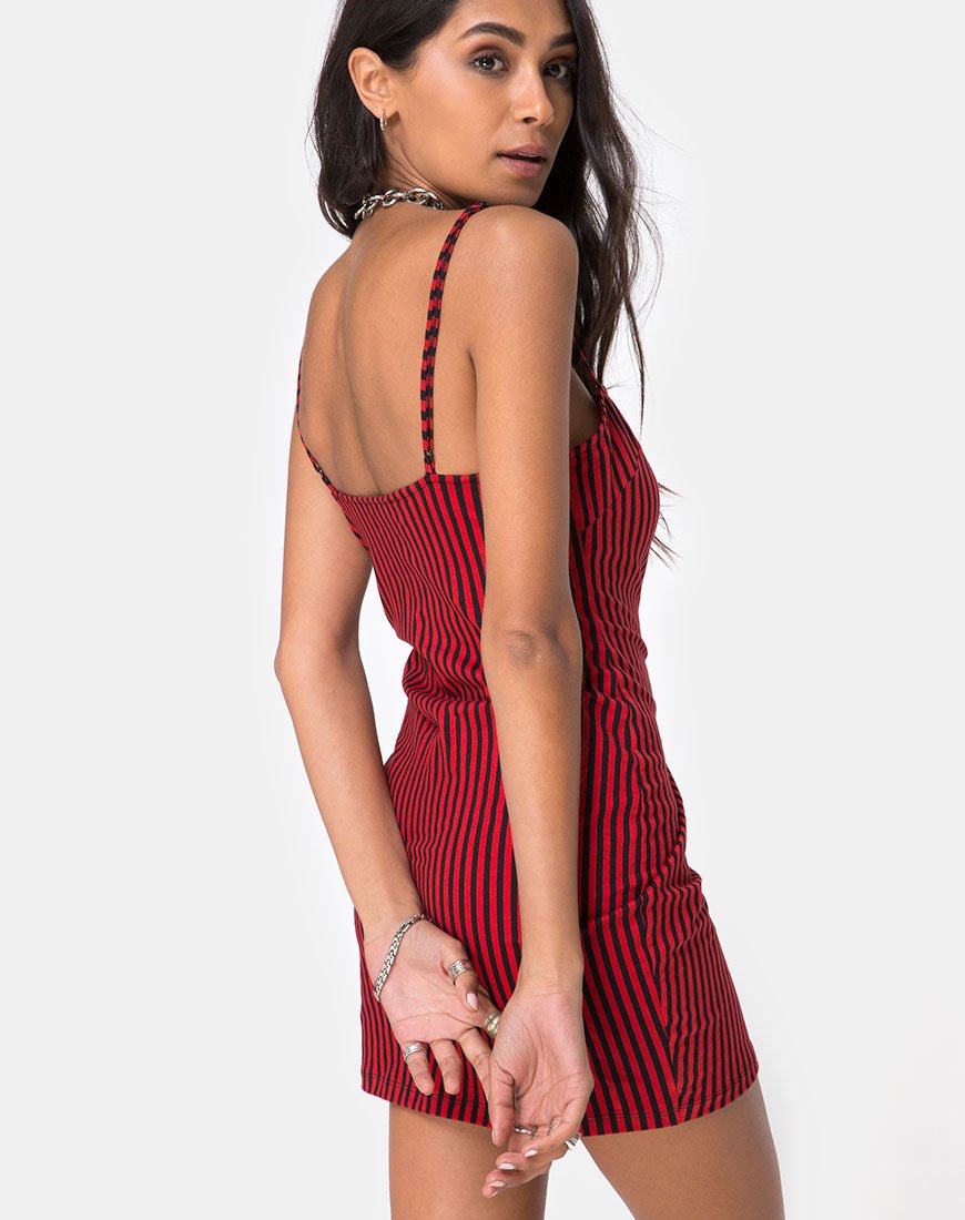 Selah Bodycon Jurk in Mini Streep Rood en Zwart
