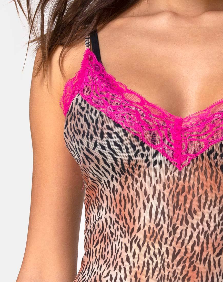 Afbeelding van Sheys Jurk Mini Tijger Mesh met Violet Kant