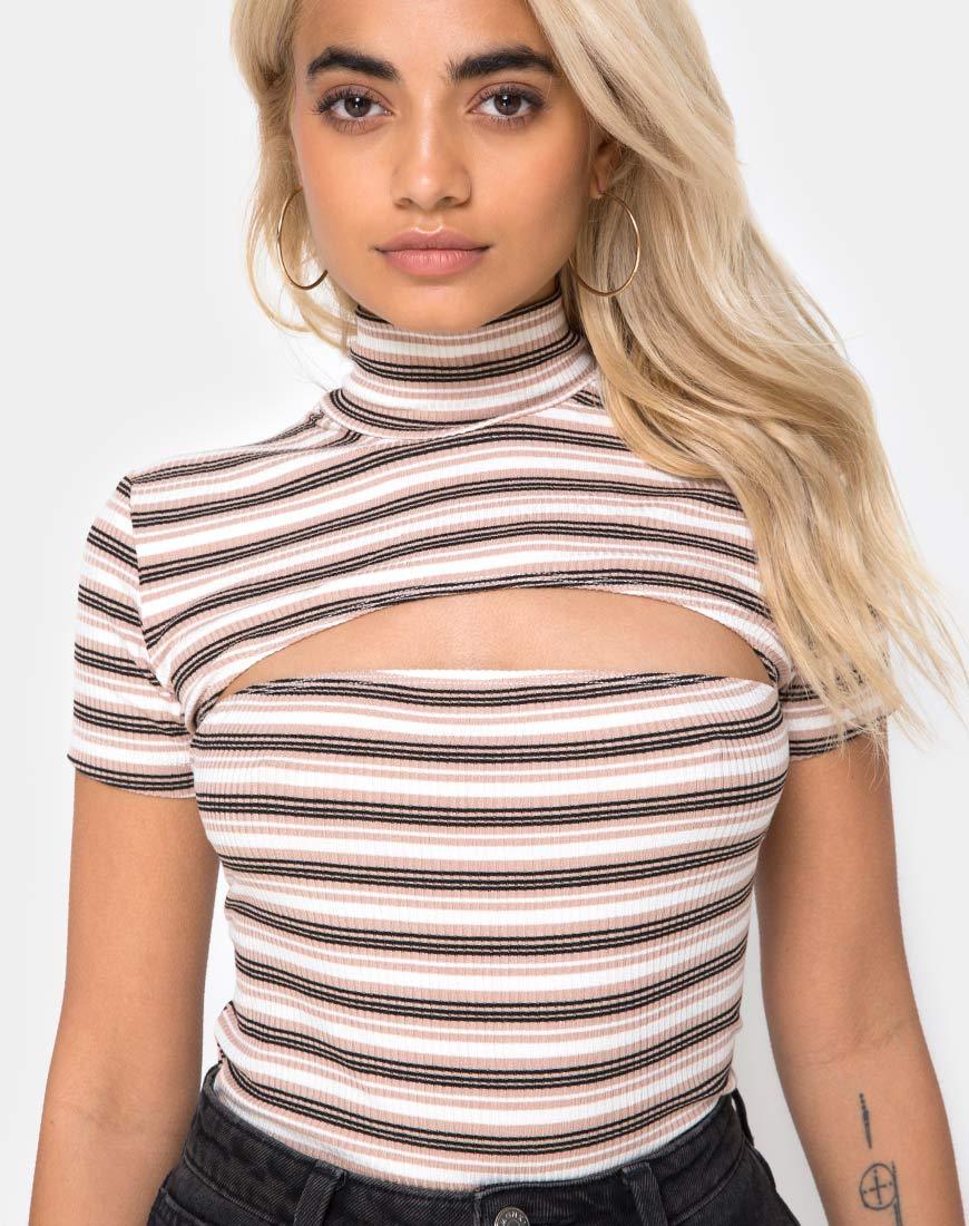Afbeelding van Shidi Cutout Bodice in Rib Stripe Cream Black and Tan