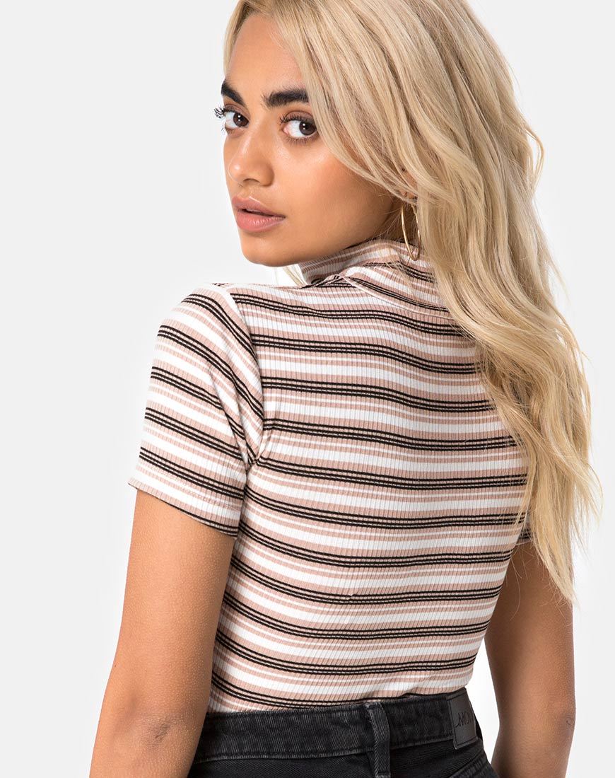 Afbeelding van Shidi Cutout Bodice in Rib Stripe Cream Black and Tan