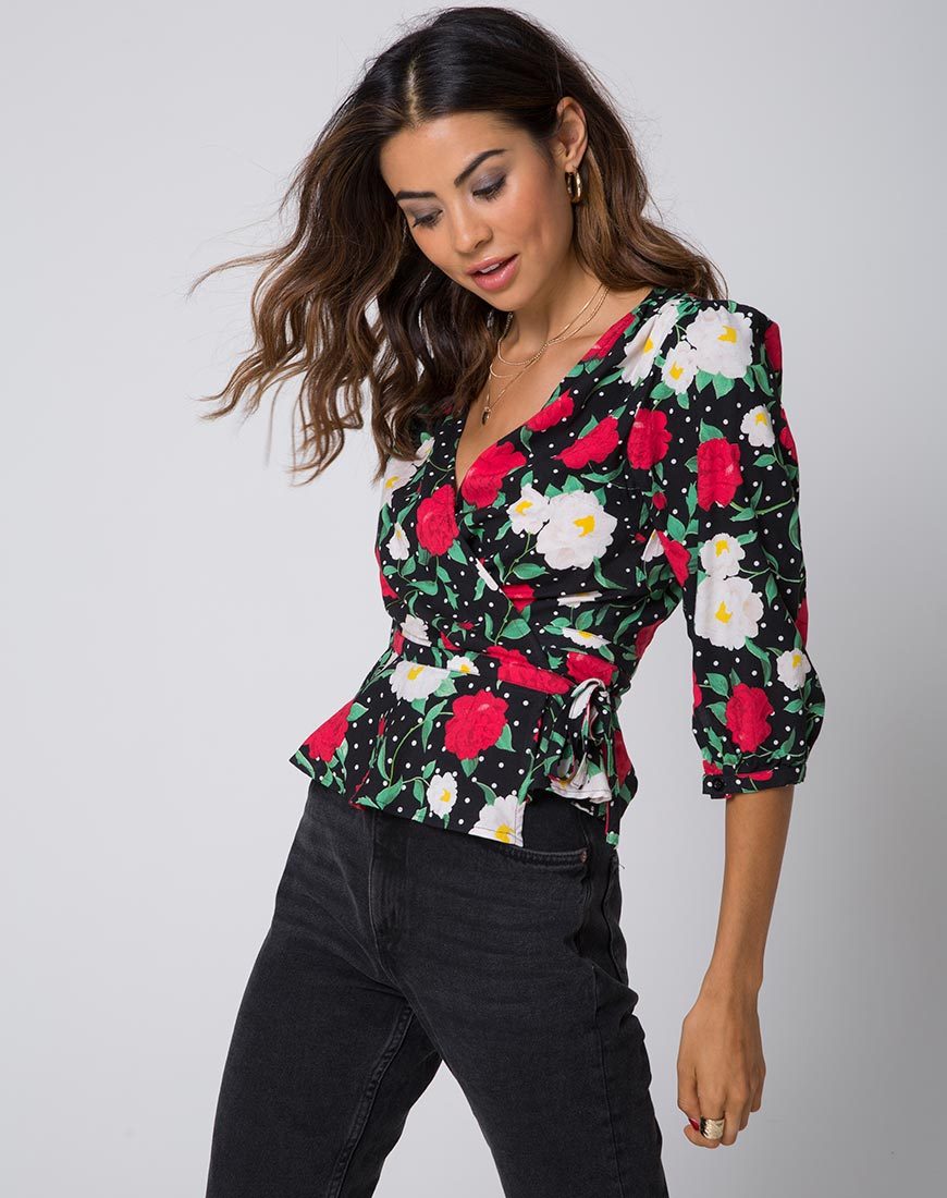 Afbeelding van Shon Wrap Top in Polka Rose Zwart