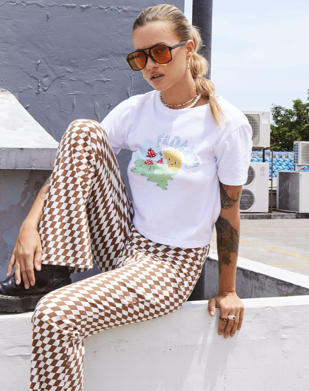 Zoven flare broek in diagonaal ruit Tan en ivoor