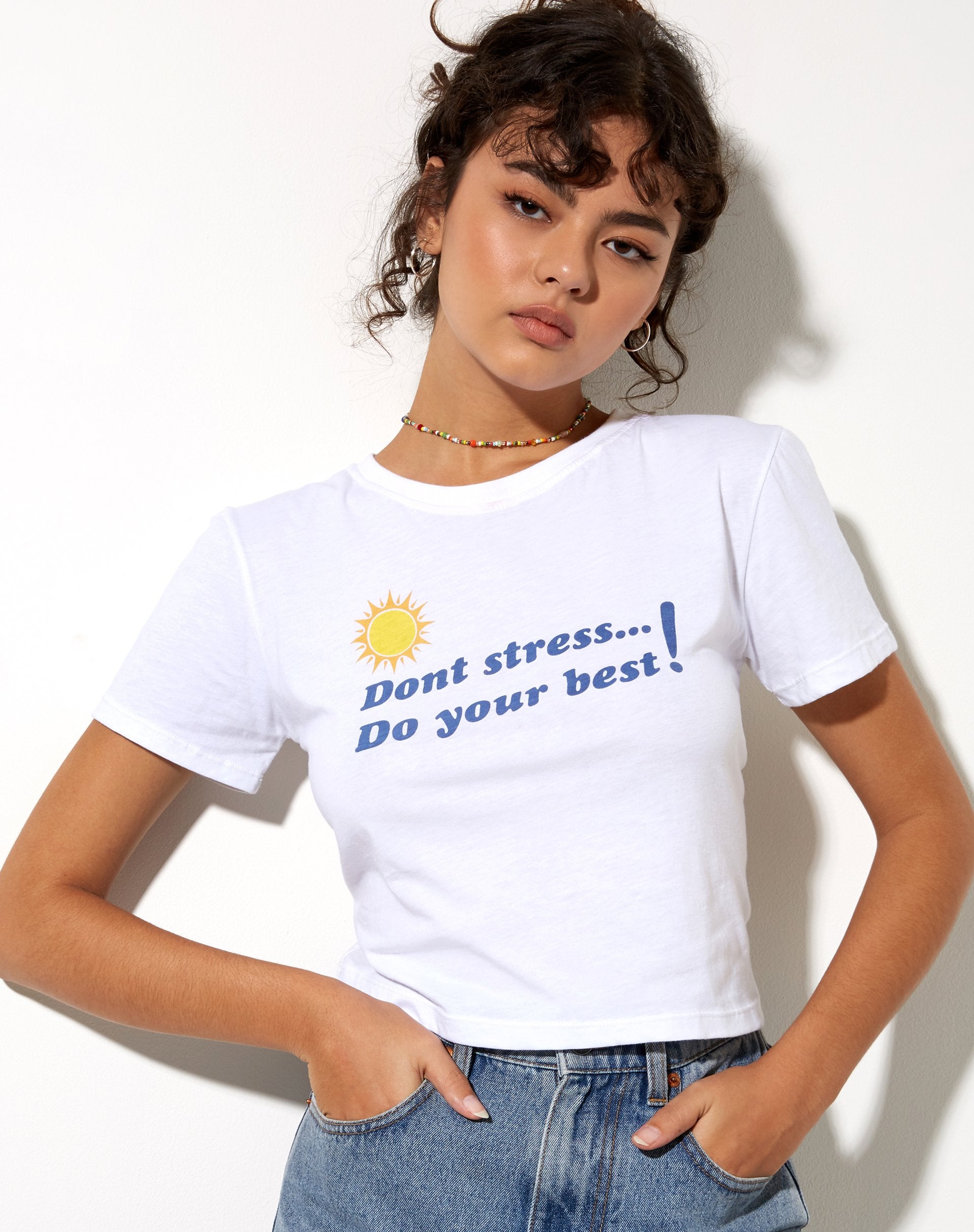Afbeelding van Shrunk T-shirt in Wit Dont Stress Doe Je Best