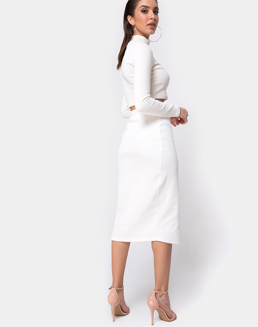 Afbeelding van Midi Cheri Split Rok in Fluwelen Rib Wit