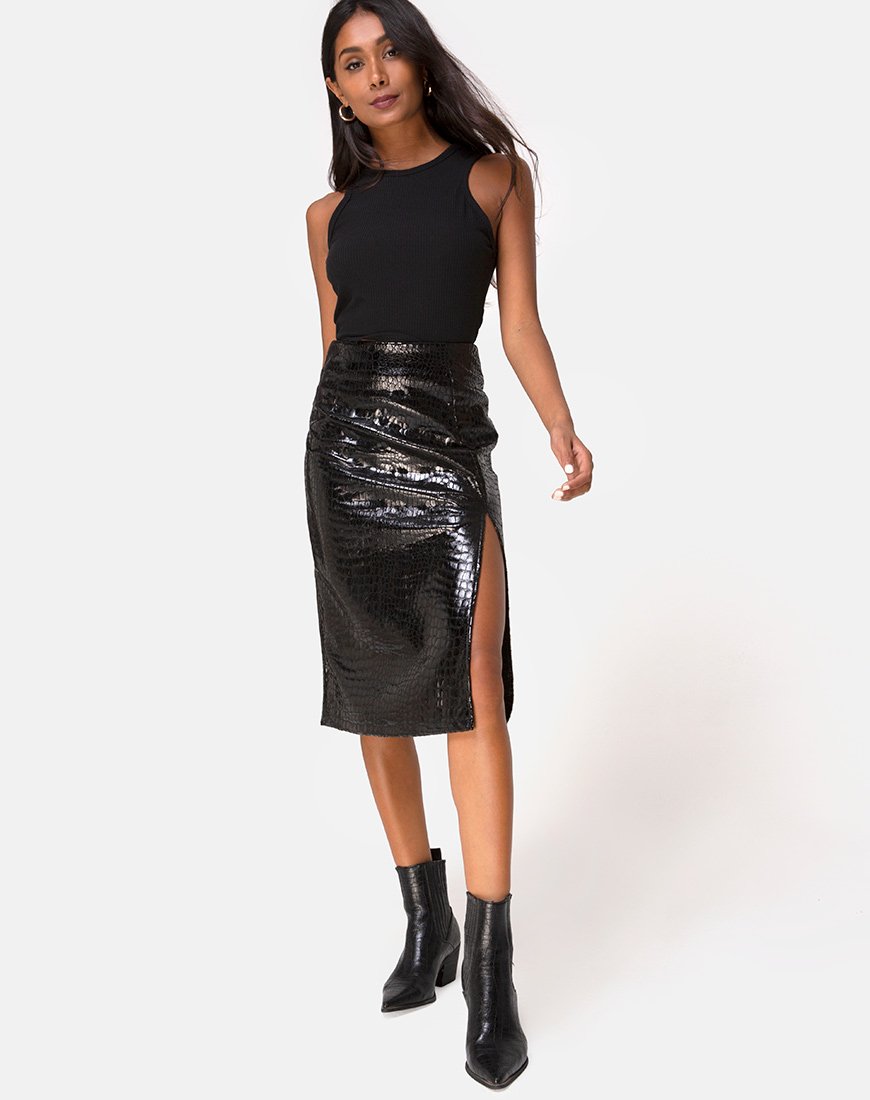 Afbeelding van Sika Midi rok in PU Croco zwart