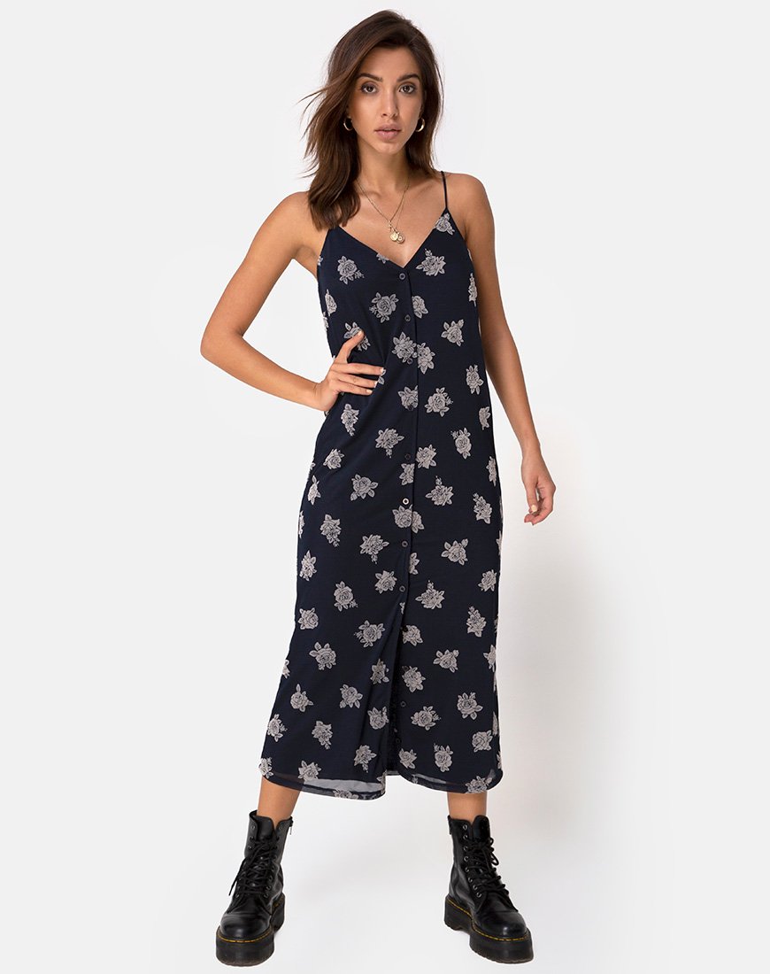 Afbeelding van Sini Slip Midi Dress in Rose Flock Black Mesh