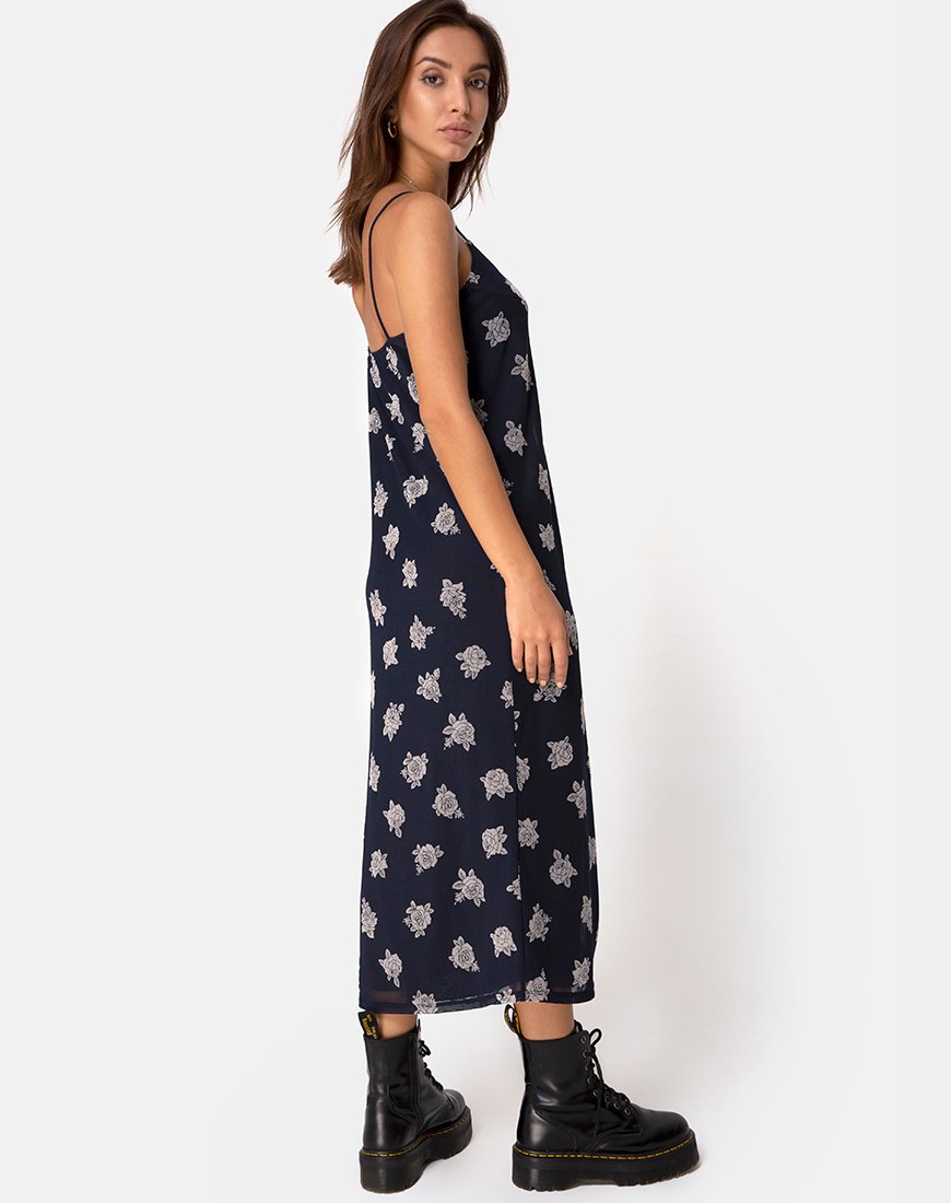 Afbeelding van Sini Slip Midi Dress in Rose Flock Black Mesh