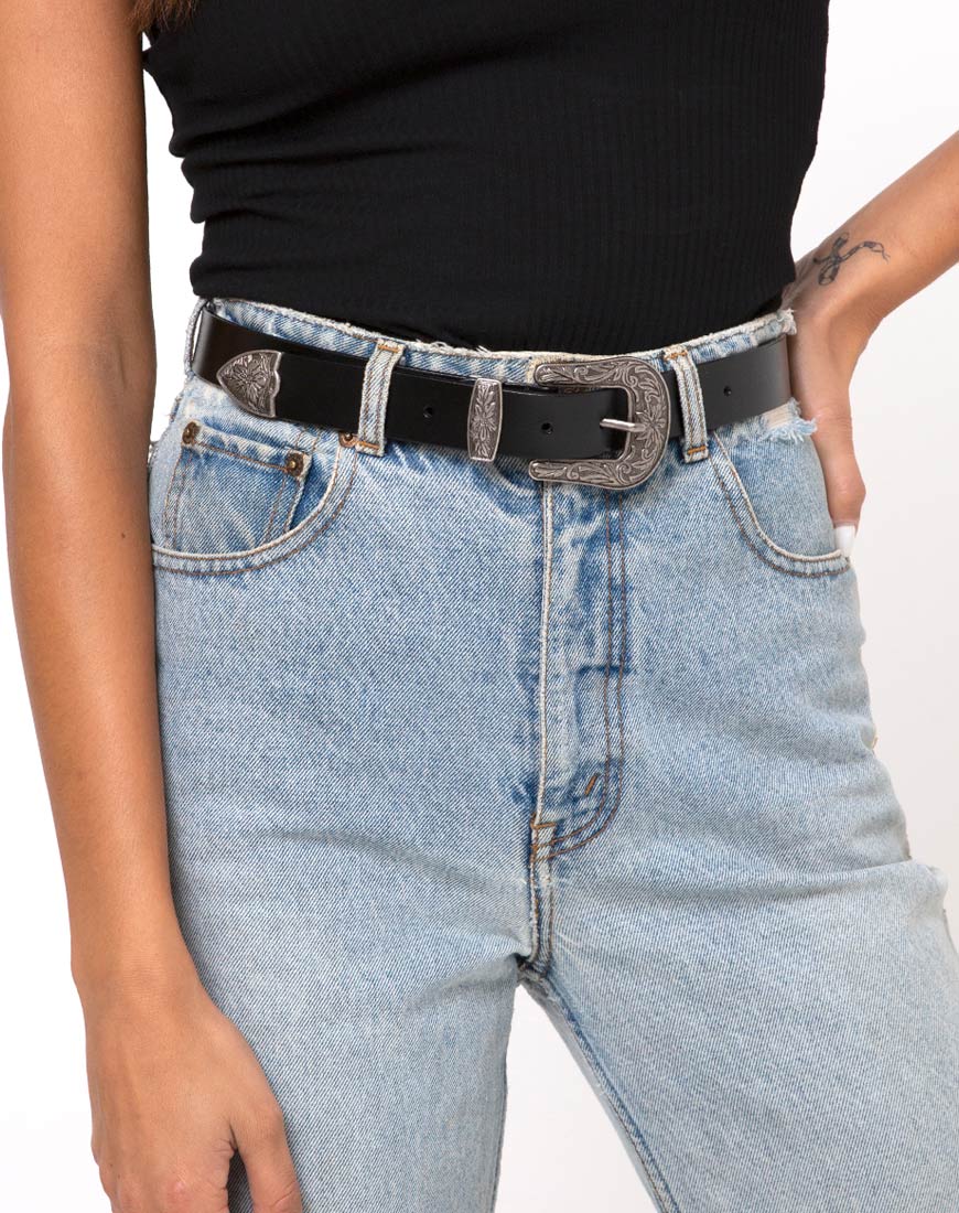 Zwarte Vintage Western Riem met Zilveren Gesp