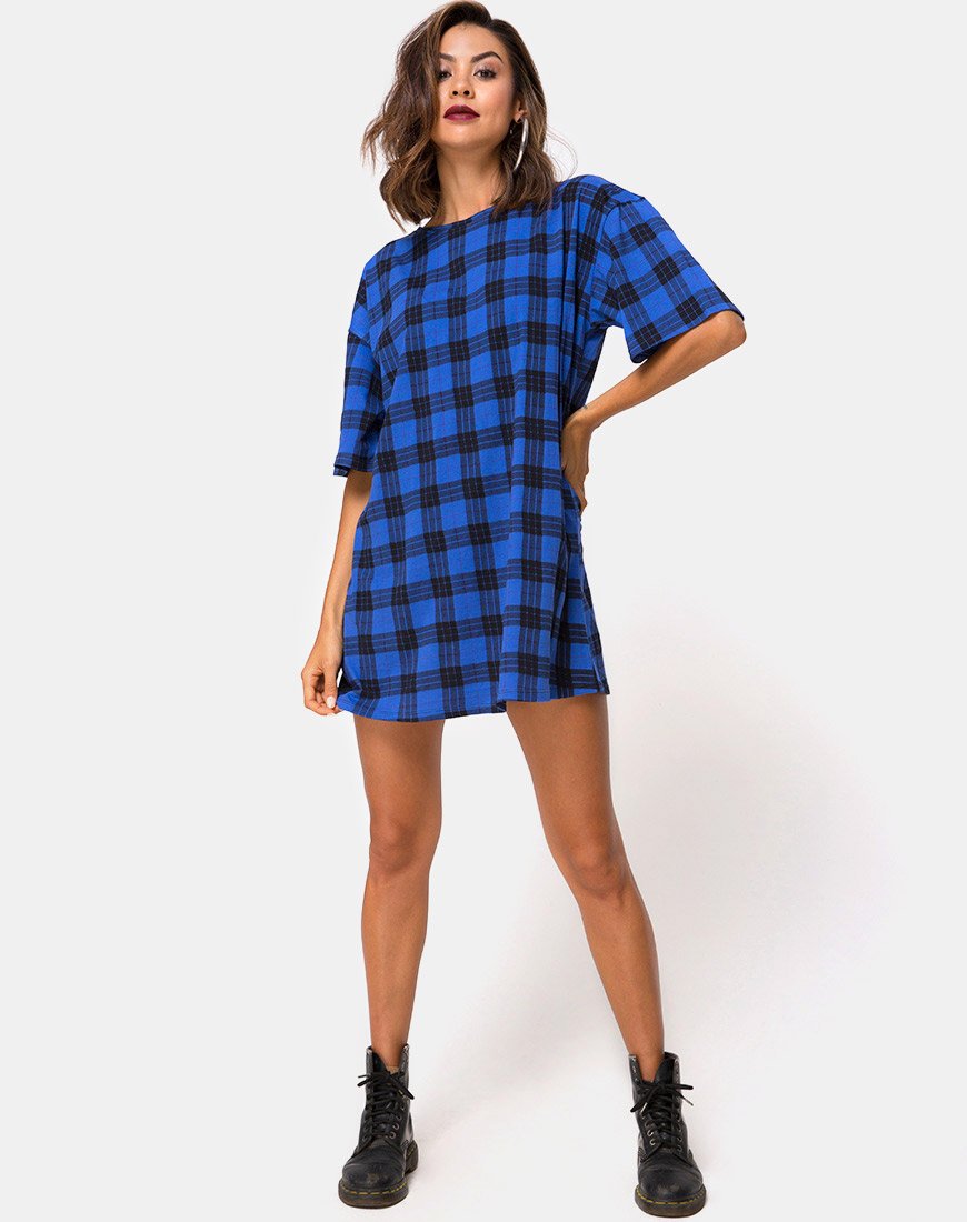 Afbeelding van Sunny Kiss T Shirt Jurk in ruitblauw