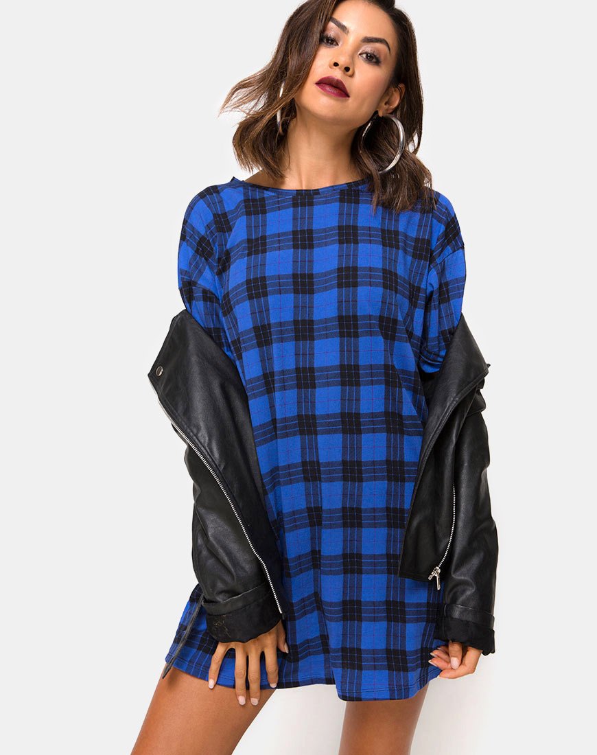 Sunny Kiss T Shirt Jurk in Tartan Blauw