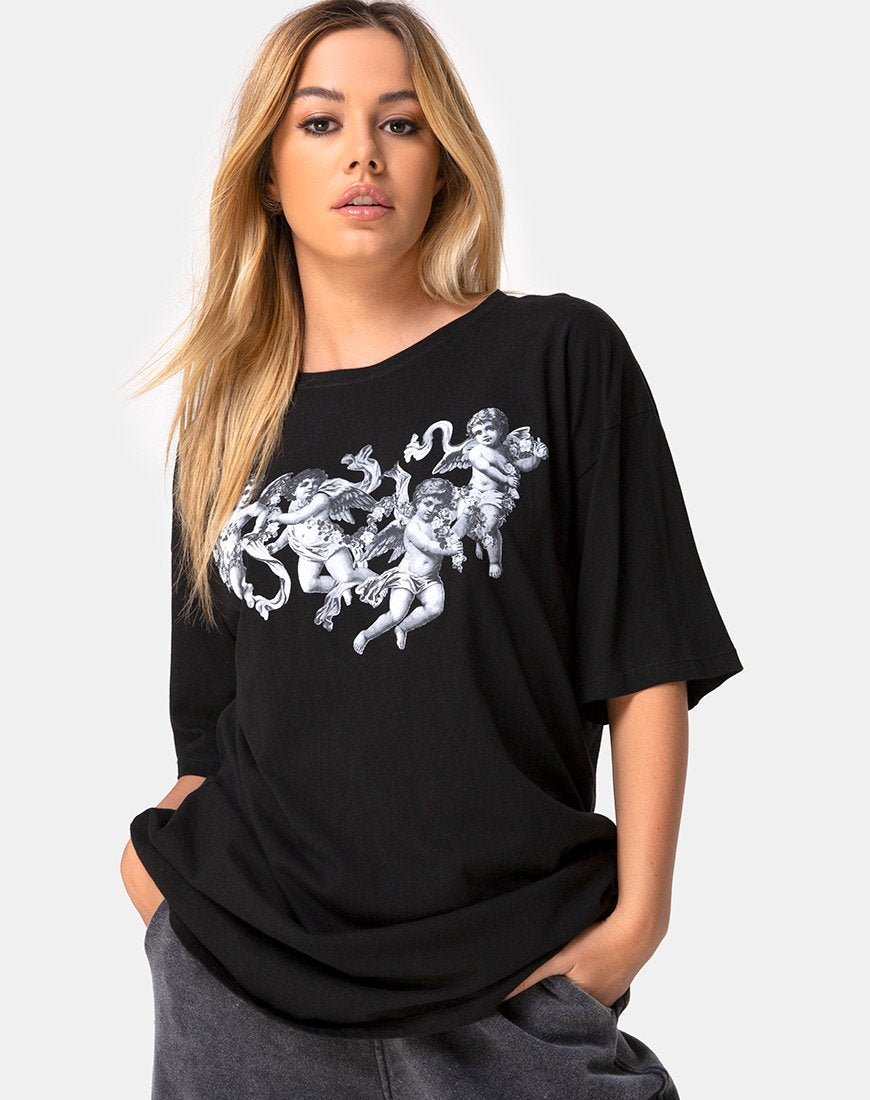 Afbeelding van Zonnige Kus T-shirt in Zwart met Cherubijn