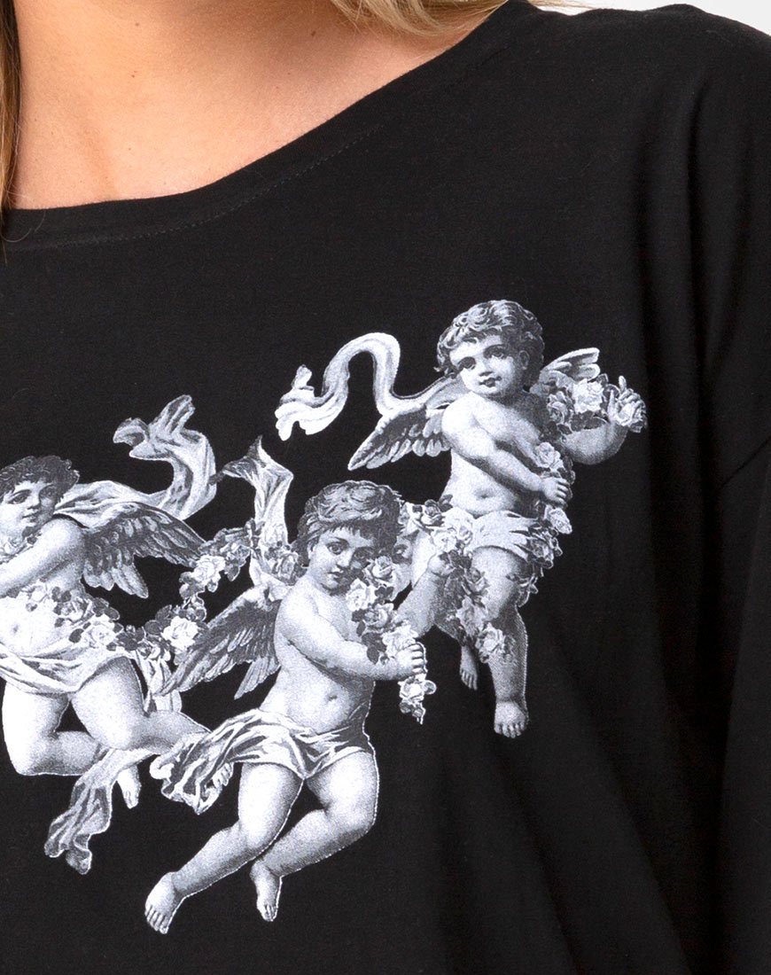 Afbeelding van Zonnige Kus T-shirt in Zwart met Cherubijn