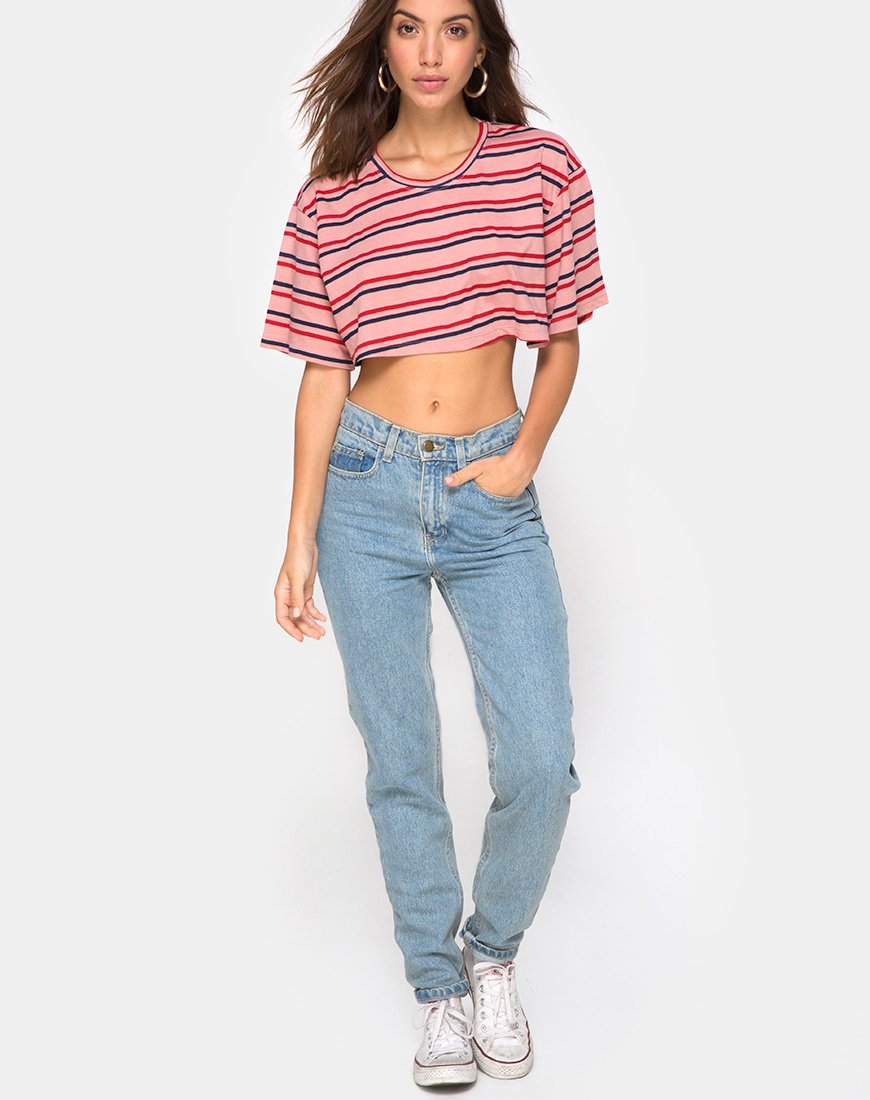 Afbeelding van Super Cropped Tee in 70s Stripe Roze Horizontaal