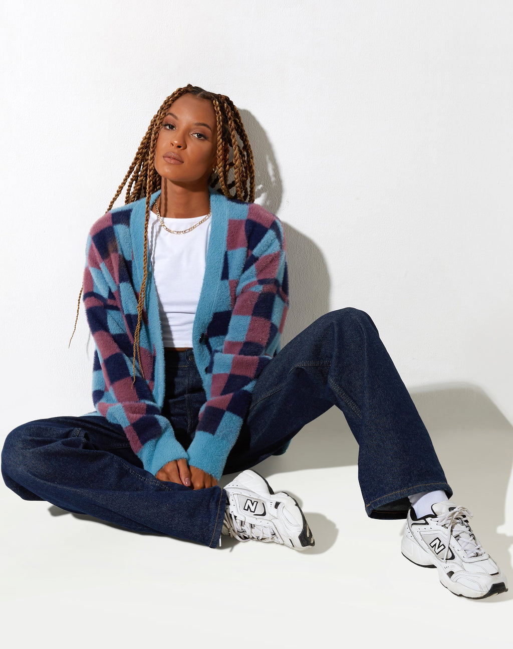 Talana Cardi in geruite blauwtinten