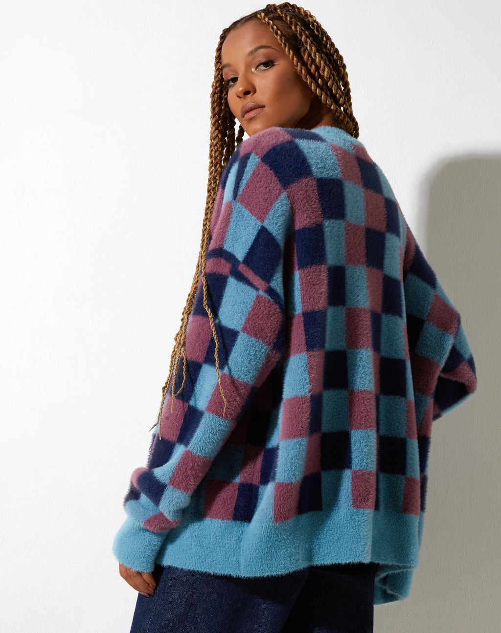 Talana Cardi in geruite blauwtinten