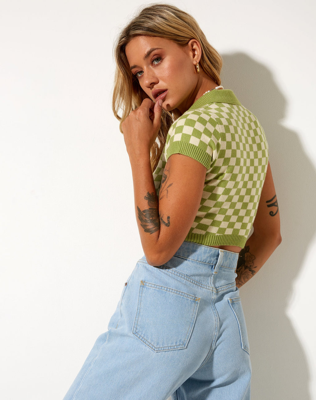 Tamma Crop Top in Crochet Checkerboard Green en Cream