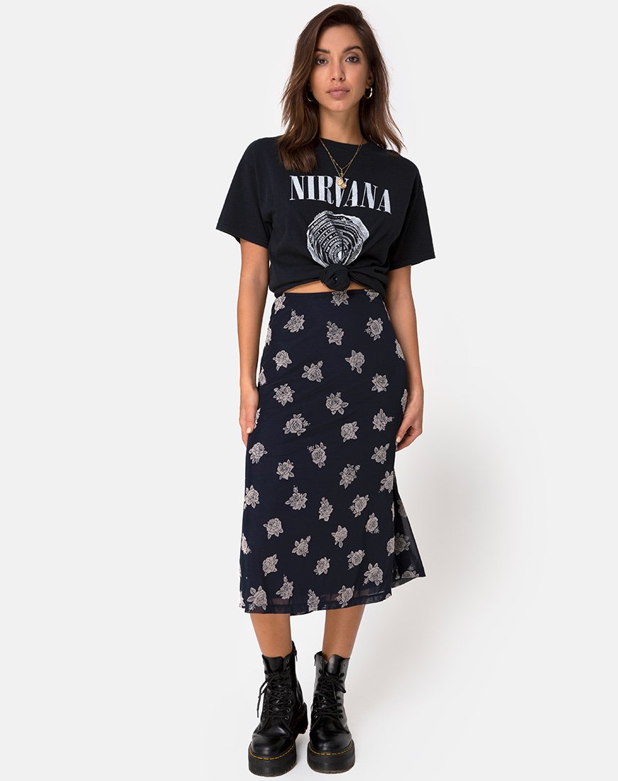 Afbeelding van Tauri Midi rok in zwart Flock Rose