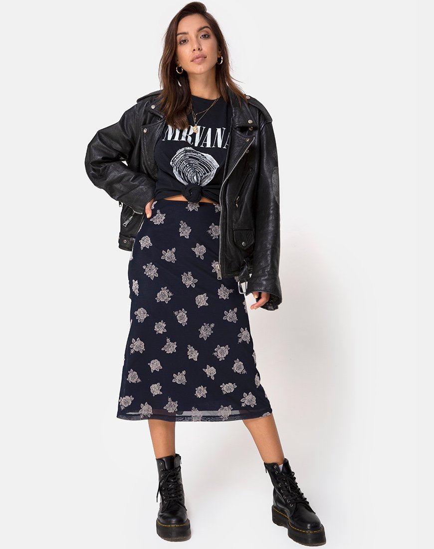 Afbeelding van Tauri Midi rok in zwart Flock Rose