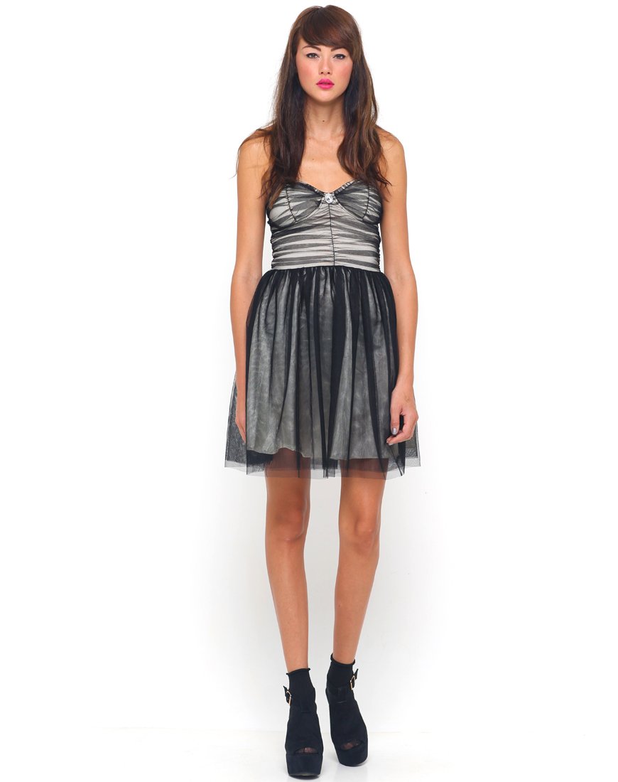 Afbeelding van Motel Teardrop Prom Dress in Zwart en Nude Mesh