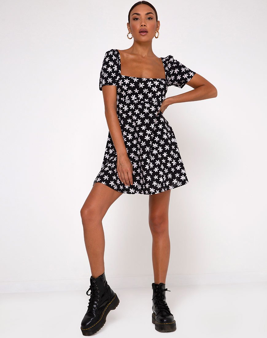 Afbeelding van Thalia Babydoll Jurk in 90s Daisy Zwart-Wit