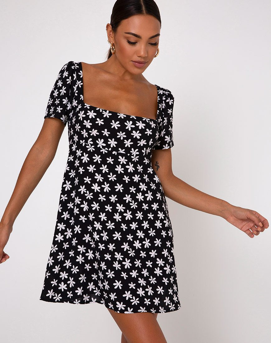 Thalia Babydoll-jurk in 90's Daisy zwart-wit