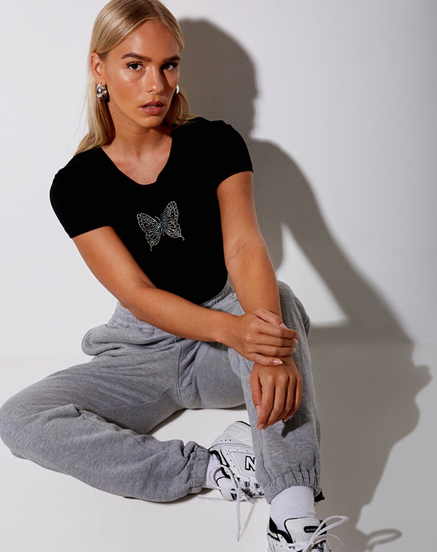 Tiney Crop Tee in Zwart Vlinder Hotfix