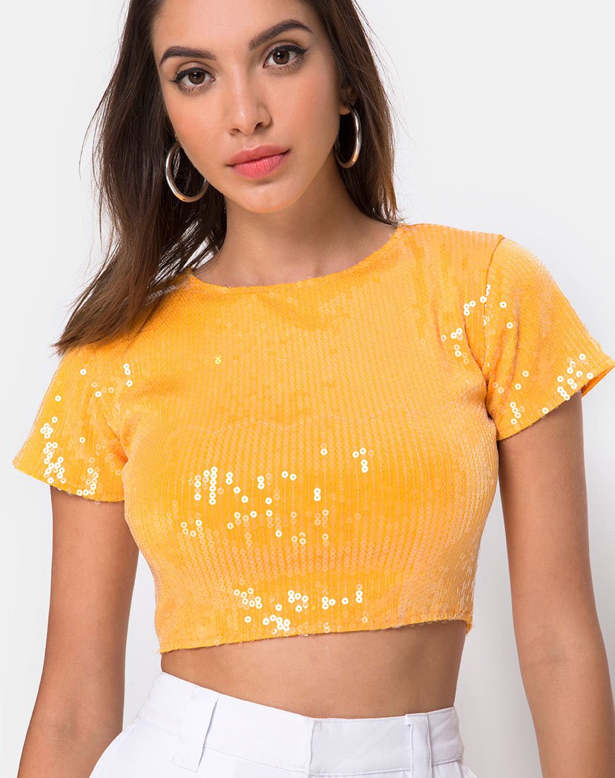 Tindy Crop Top in mandarijn met helder lovertje
