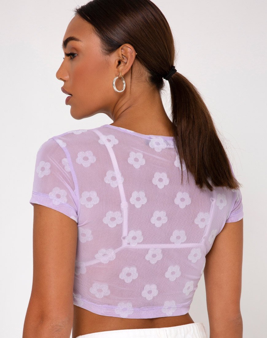 Afbeelding van Tiney Crop Tee in lila mesh Daisy White Flock