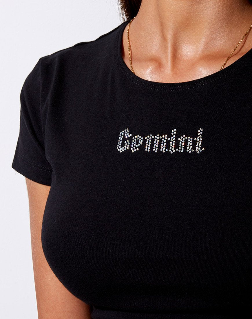 Tiney Crop Tee in zwart 'Gemini' Diamante