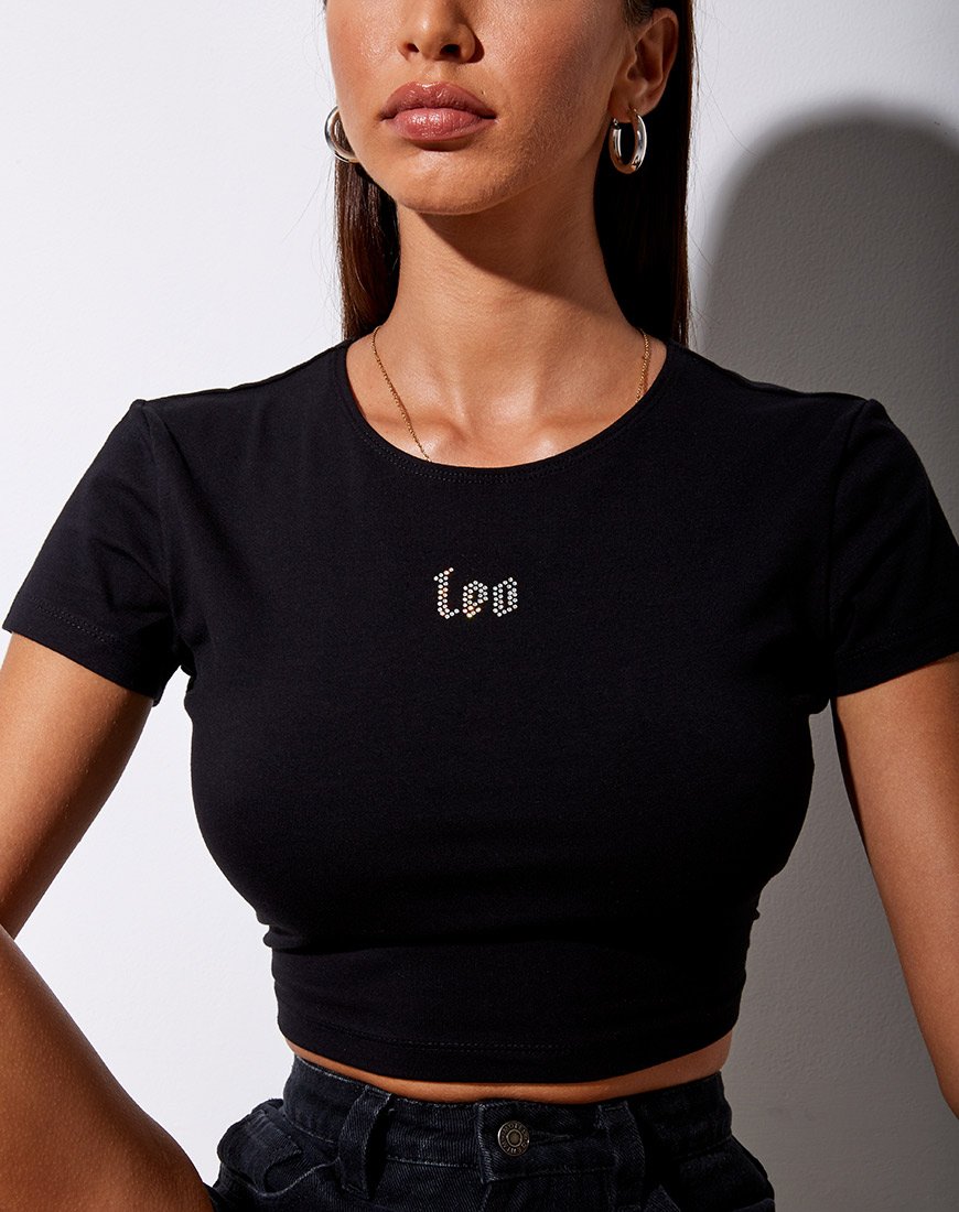 Afbeelding van Tiney Crop Tee in Zwart Leo Diamante