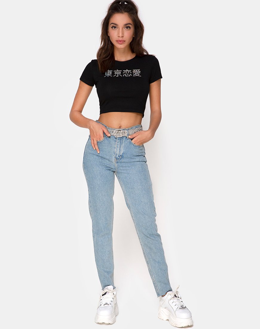 Afbeelding van Tiney Crop Top Tee in Zwart met Diamanten Hotfix