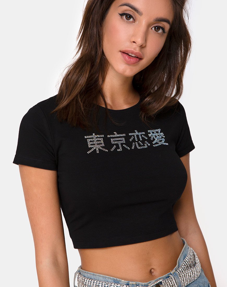 Tiney Crop Top T-shirt in zwart met diamanten hotfix