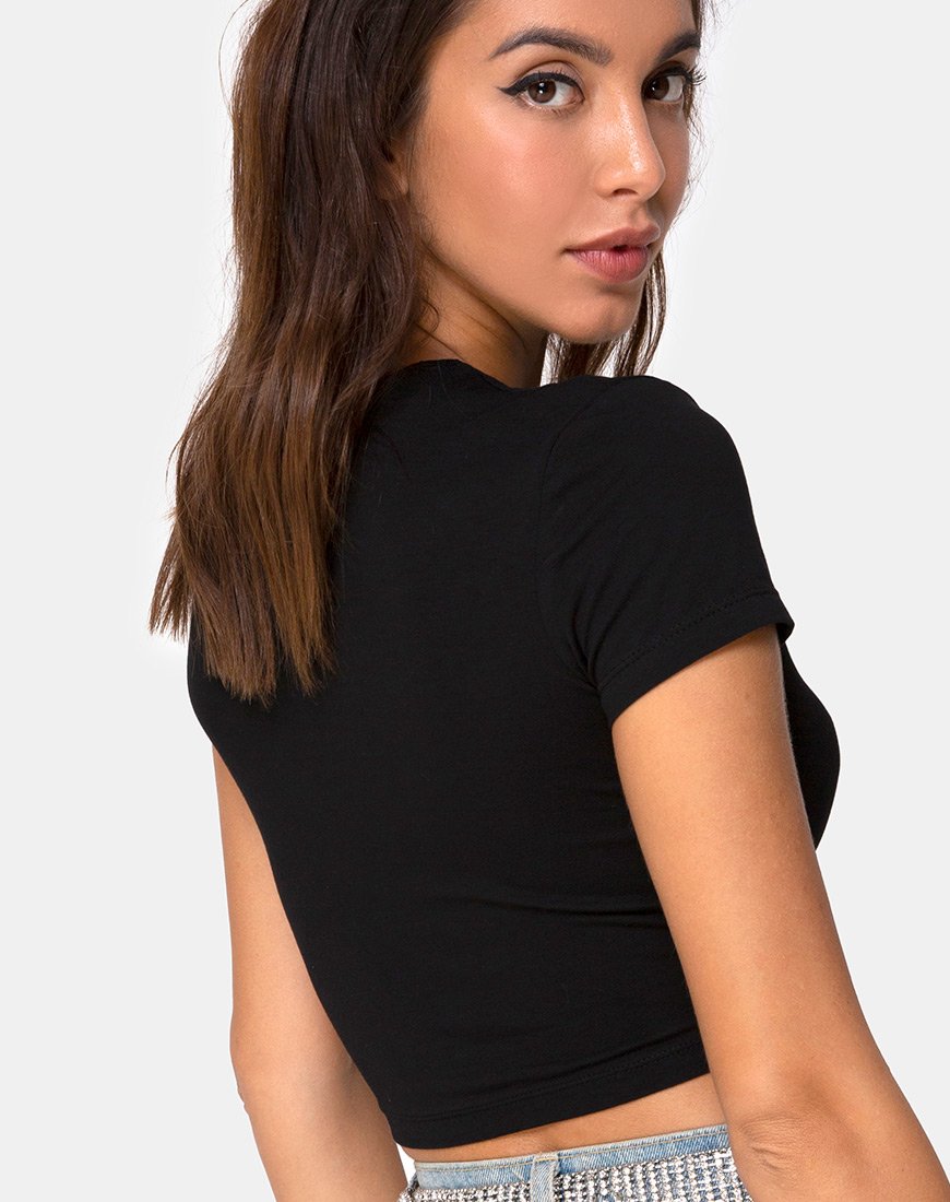 Tiney Crop Top T-shirt in zwart met diamanten hotfix