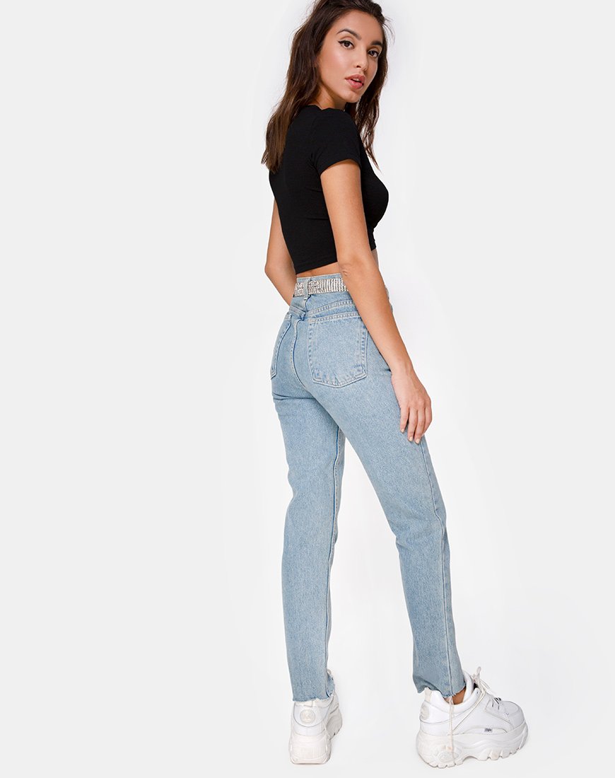 Afbeelding van Tiney Crop Top Tee in Zwart met Diamanten Hotfix