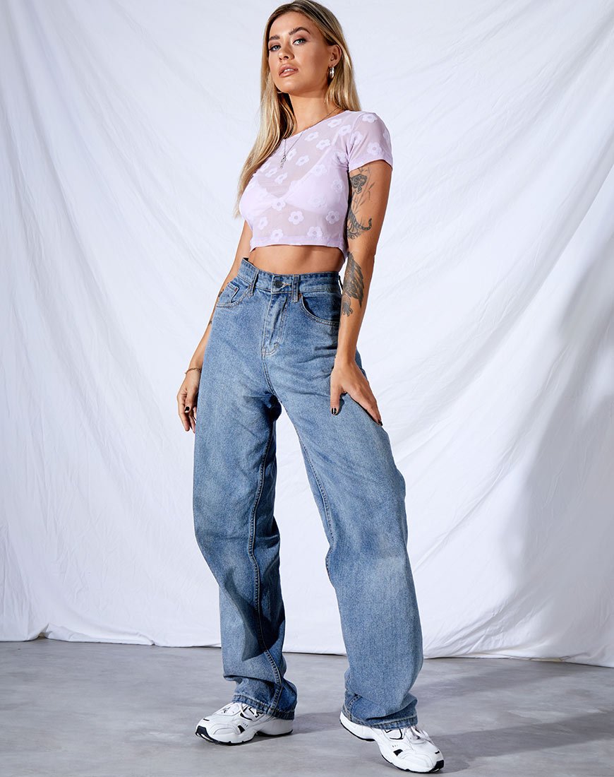 Afbeelding van Tiney Crop Tee in lila mesh Daisy White Flock