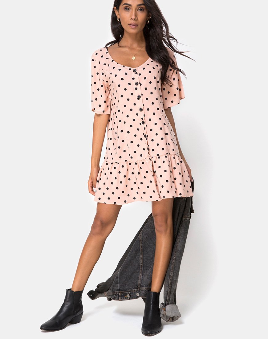 Afbeelding van Tisha Babydoll Jurk in Nieuw Polka Naakt Zwart