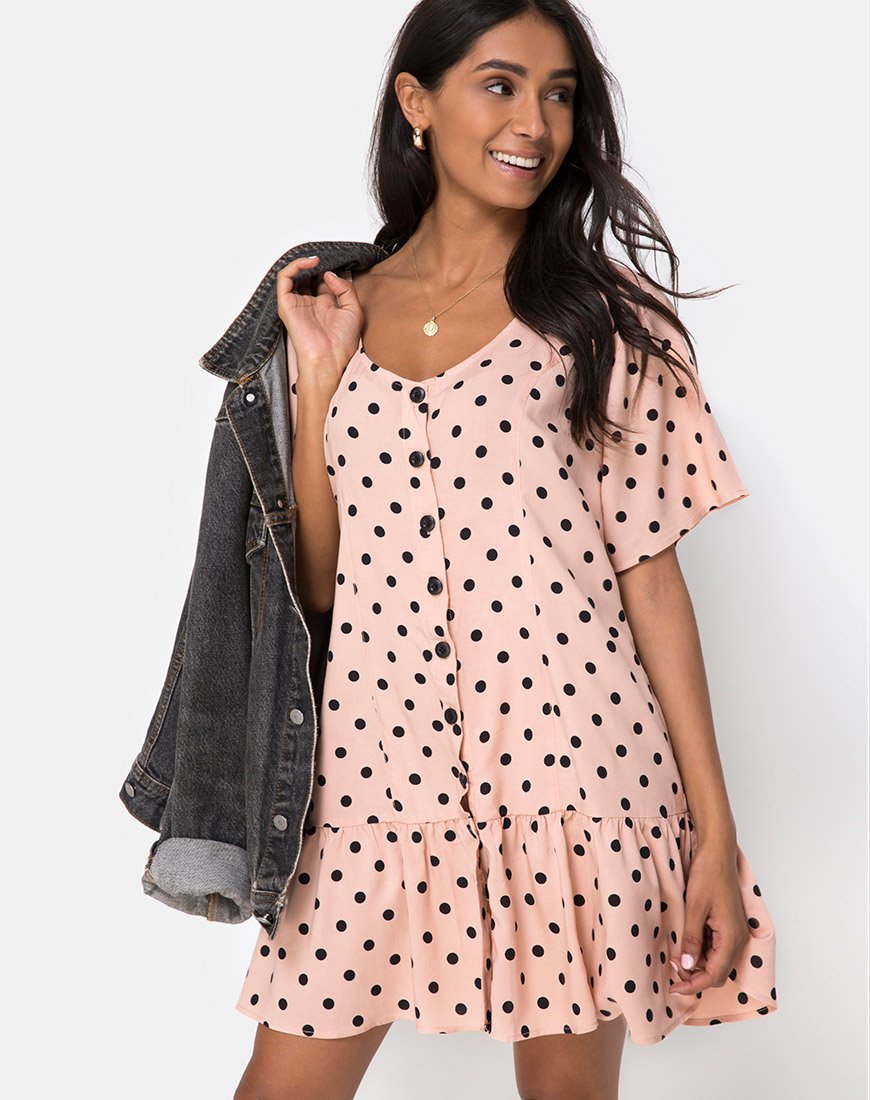 Afbeelding van Tisha Babydoll Jurk in Nieuw Polka Naakt Zwart
