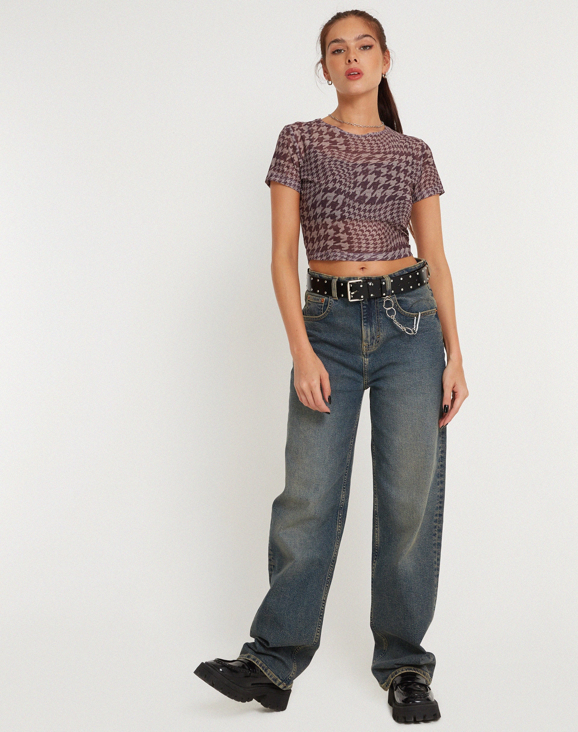 Afbeelding van Tonia Bedrukt T-shirt van mesh in Warped Houndstooth Bruin