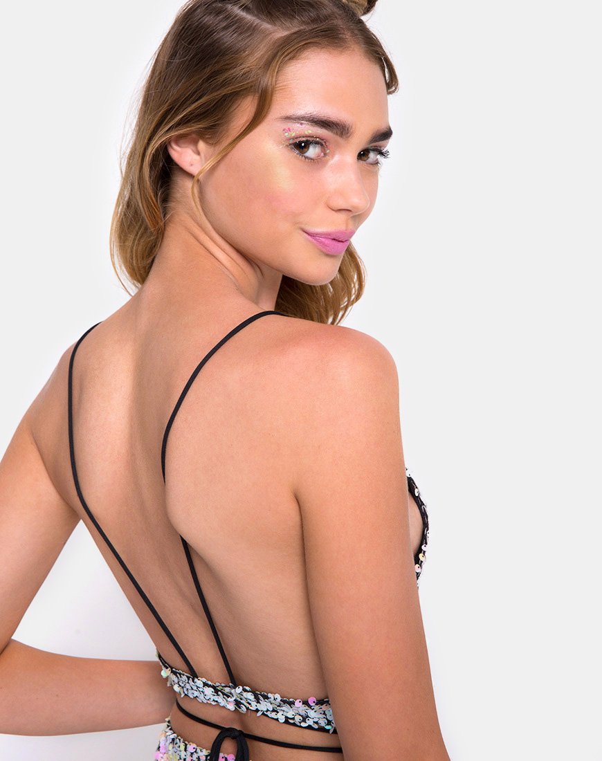 Truman Crop Top in viscale lovertjes parelmoer zwart