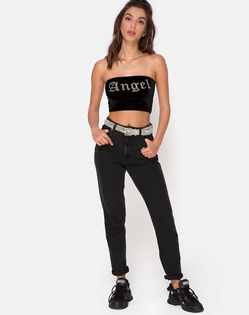 Afbeelding van Tube top in zwart met Angel Diamante Hot Fix