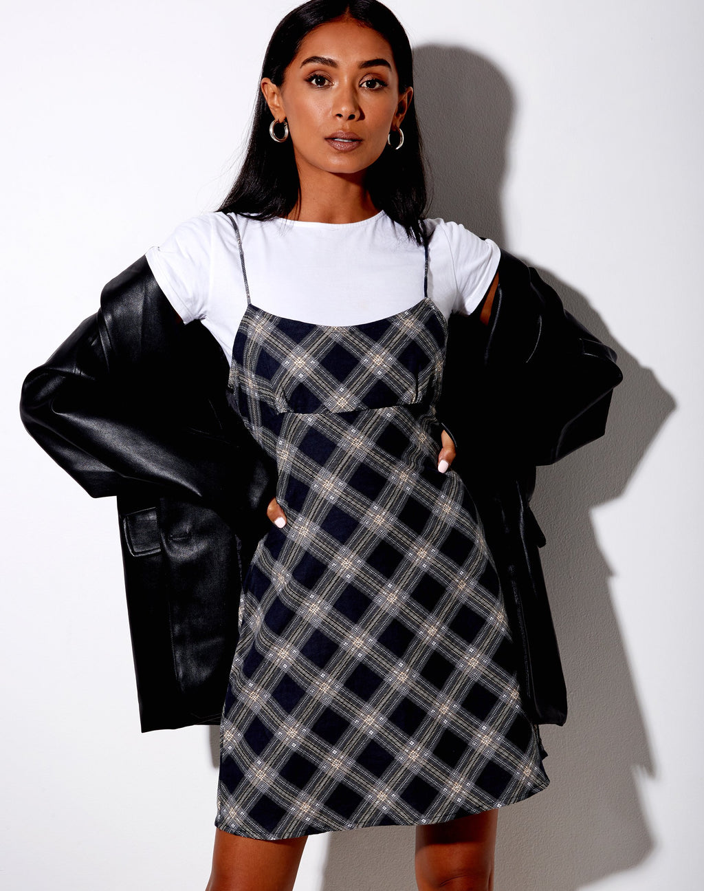 Valy Slip Dress in 20's Check Zwart en Grijs