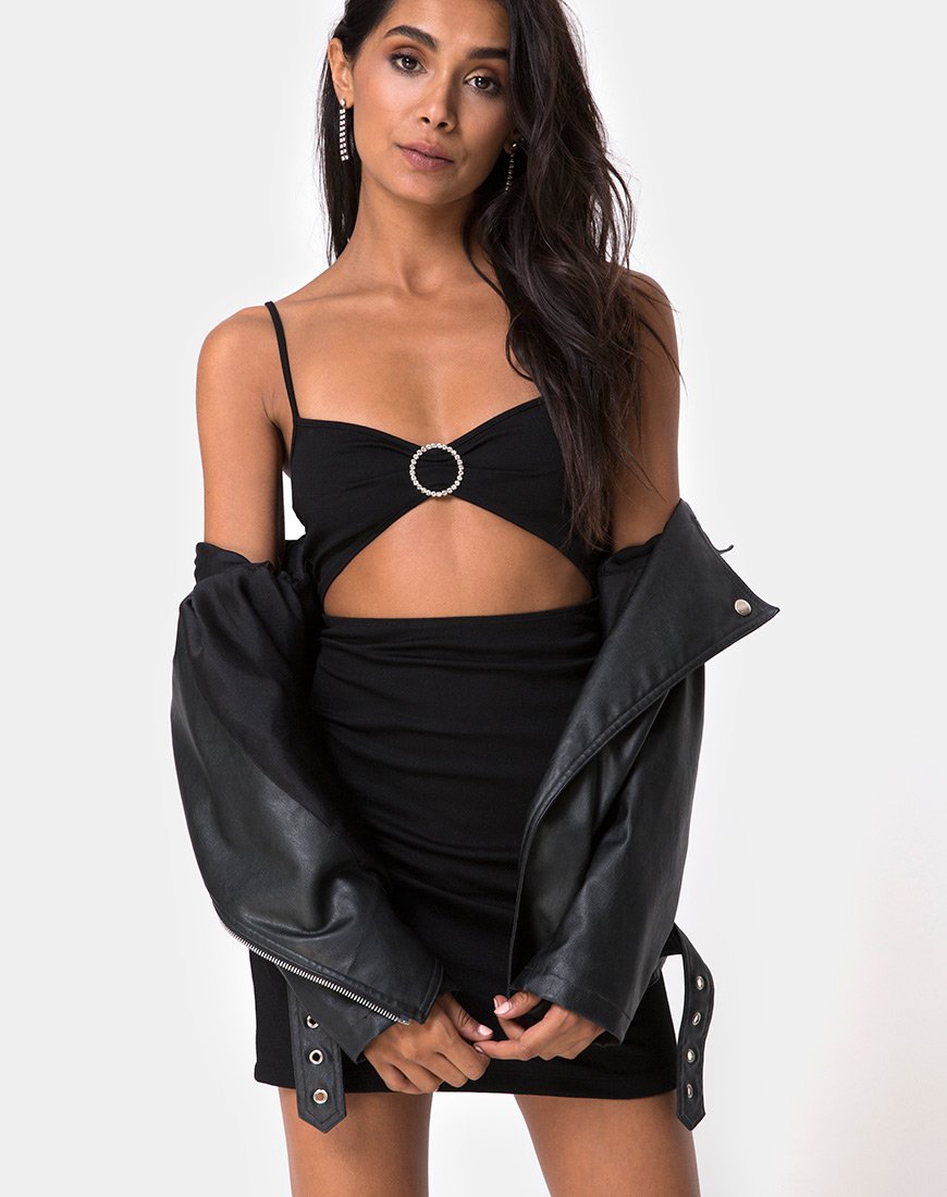 Afbeelding van Venchy Bodycon Dress in Diamante Ring Zwart