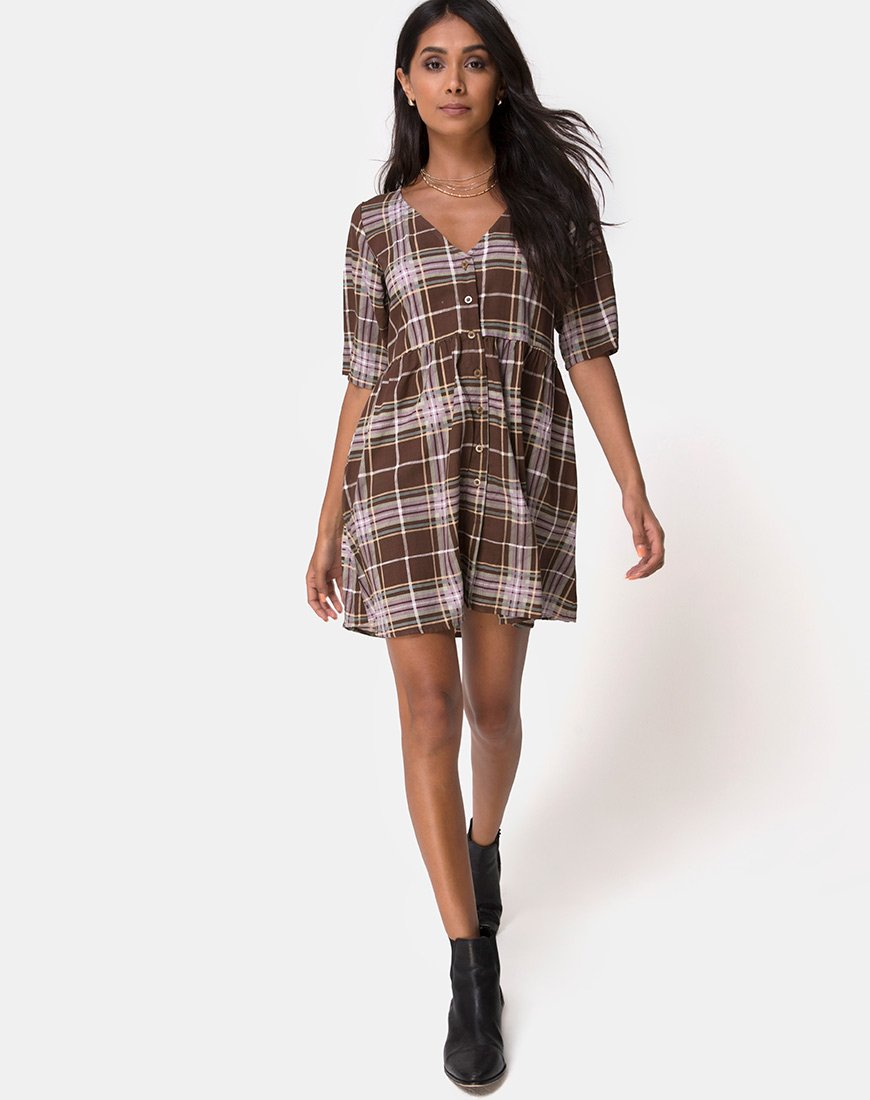 Afbeelding van Verren Babydoll Jurk in Tartan Bruin