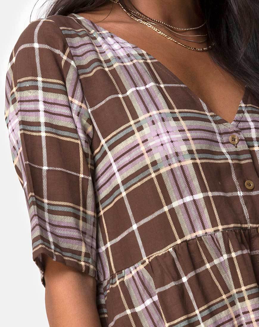 Afbeelding van Verren Babydoll Jurk in Tartan Bruin