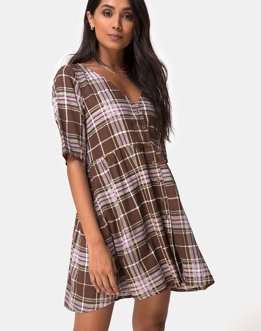 Verren Babydoll Jurk in Ruitjesbruin