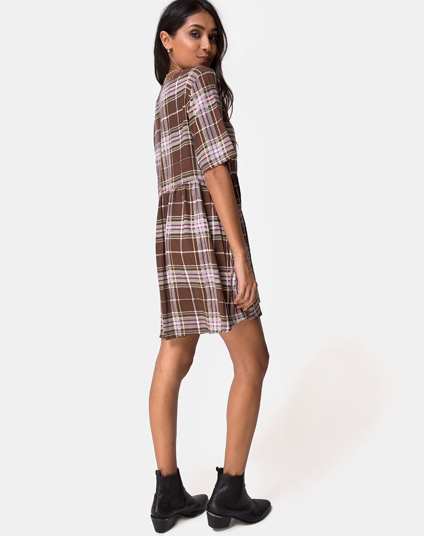 Afbeelding van Verren Babydoll Jurk in Tartan Bruin